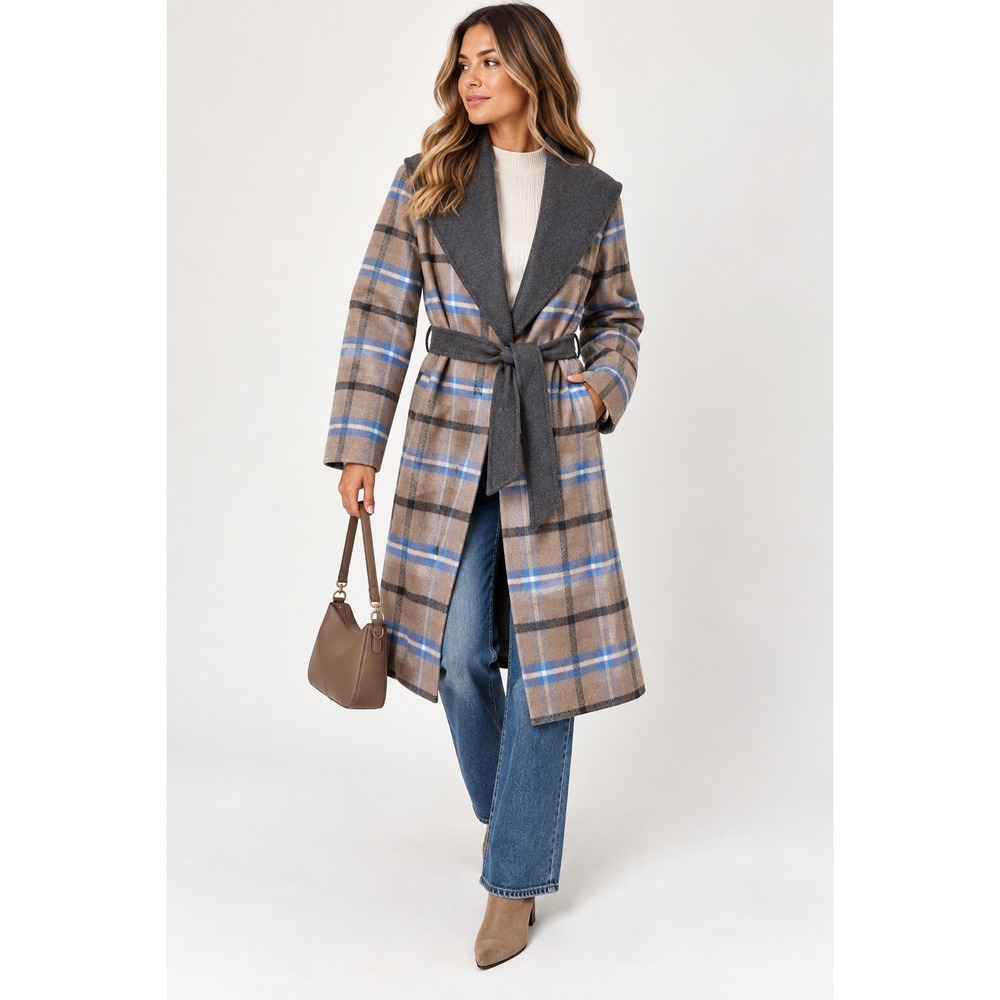 Elie Tahari Wallace Plaid Wool Blend Wrap Coat Shawl Collar Blue Brown Size L